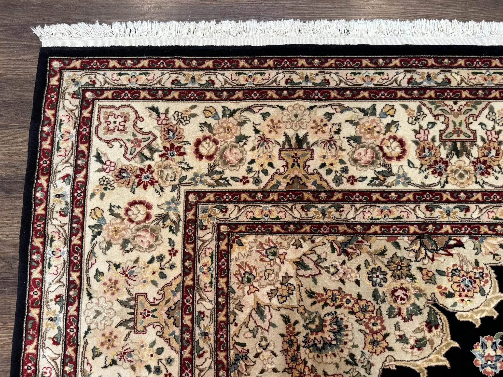 Sino Persian Rug 9x12, Black and Beige, Floral Medallion, Wool & Silk, Handmade by Jewel Rugs
