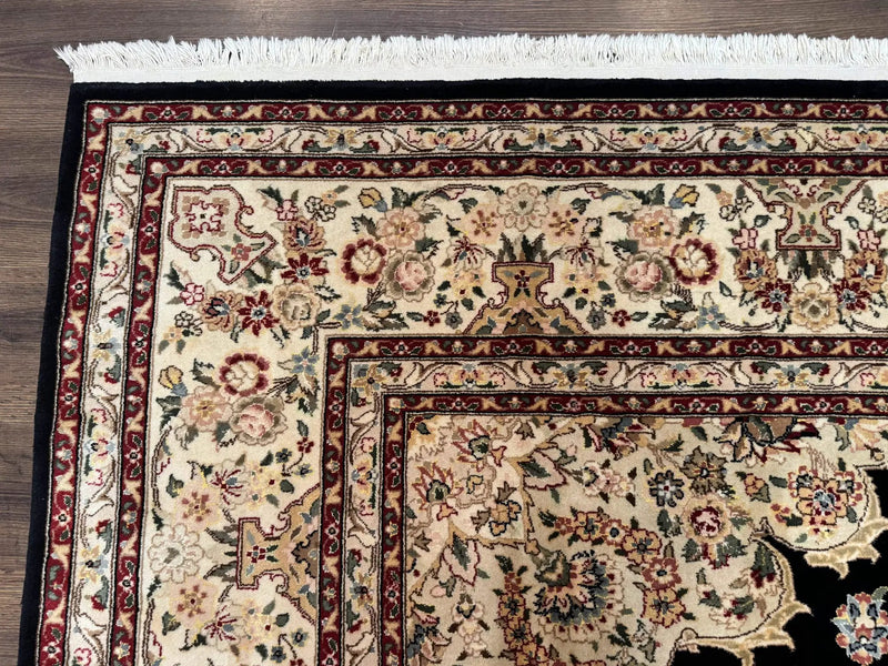 Sino Persian Rug 9x12, Black and Beige, Floral Medallion, Wool & Silk, Handmade by Jewel Rugs