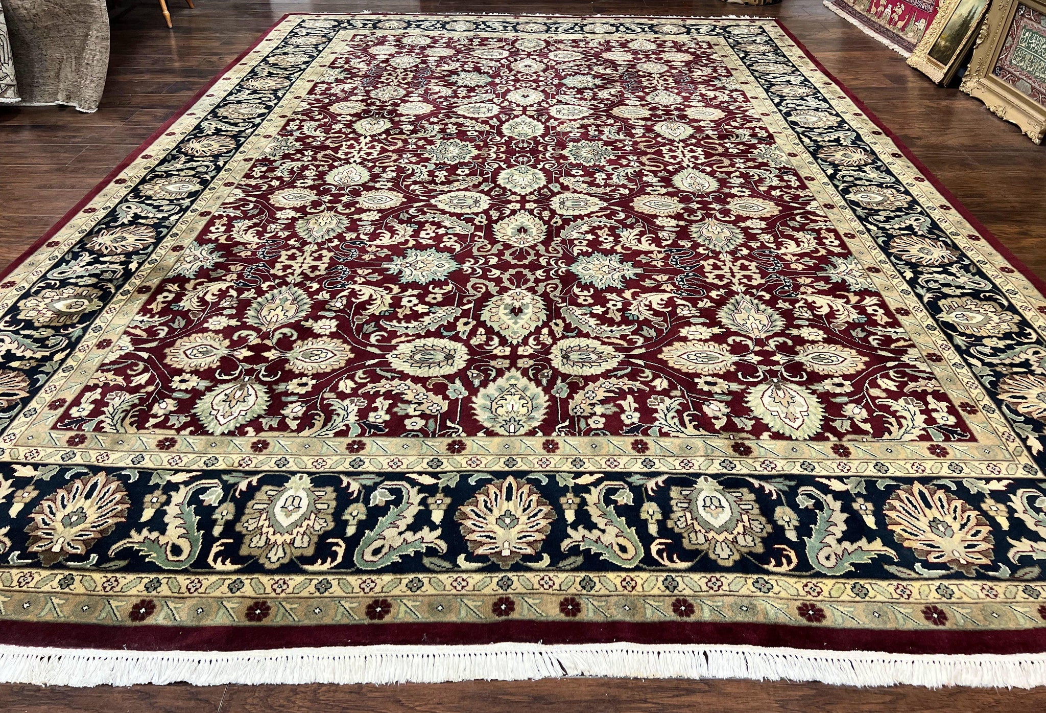 Indo Persian Rug 10x14, Floral Allover, Maroon, Handmade Hand Knotted VIntage Wool Rug, Large Oriental Carpet by Jewel Rugs