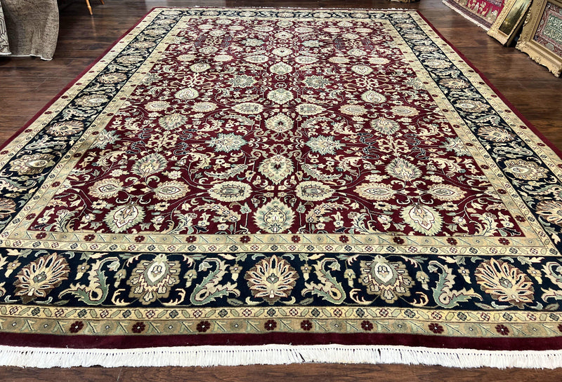 Indo Persian Rug 10x14, Floral Allover, Maroon, Handmade Hand Knotted VIntage Wool Rug, Large Oriental Carpet by Jewel Rugs