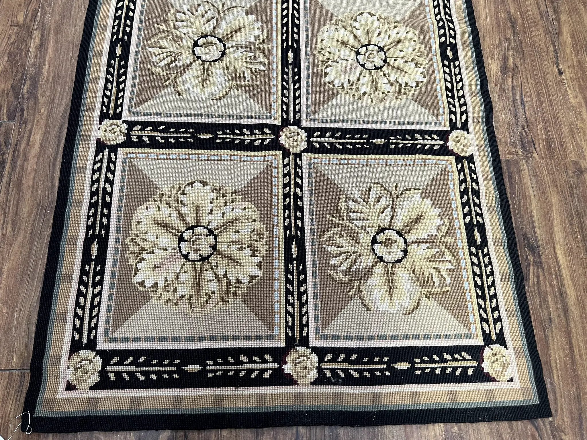 Needlepoint Runner Rug 3x8 Panel Design Rug, Flatweave Runner Rug, English Design, Floral, Short Runner Rug, Black and Beige Wool Hand-Woven by Jewel Rugs