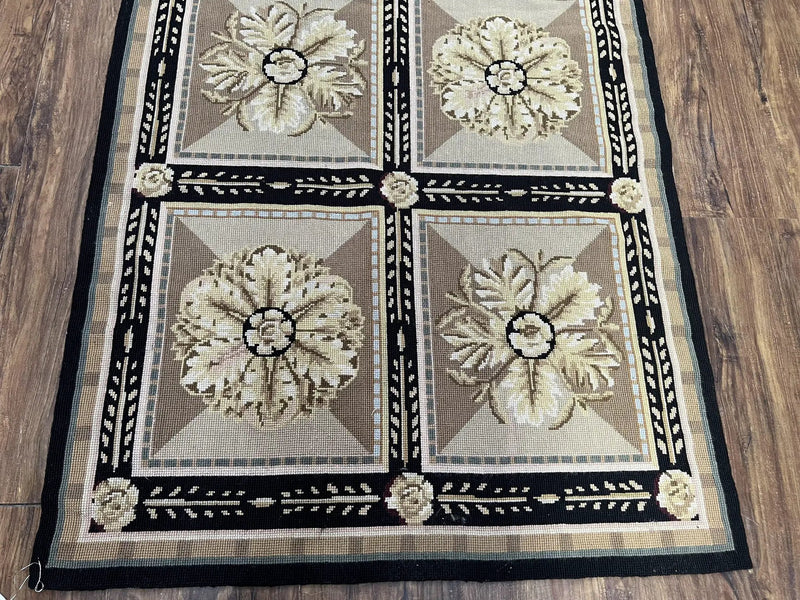 Needlepoint Runner Rug 3x8 Panel Design Rug, Flatweave Runner Rug, English Design, Floral, Short Runner Rug, Black and Beige Wool Hand-Woven by Jewel Rugs