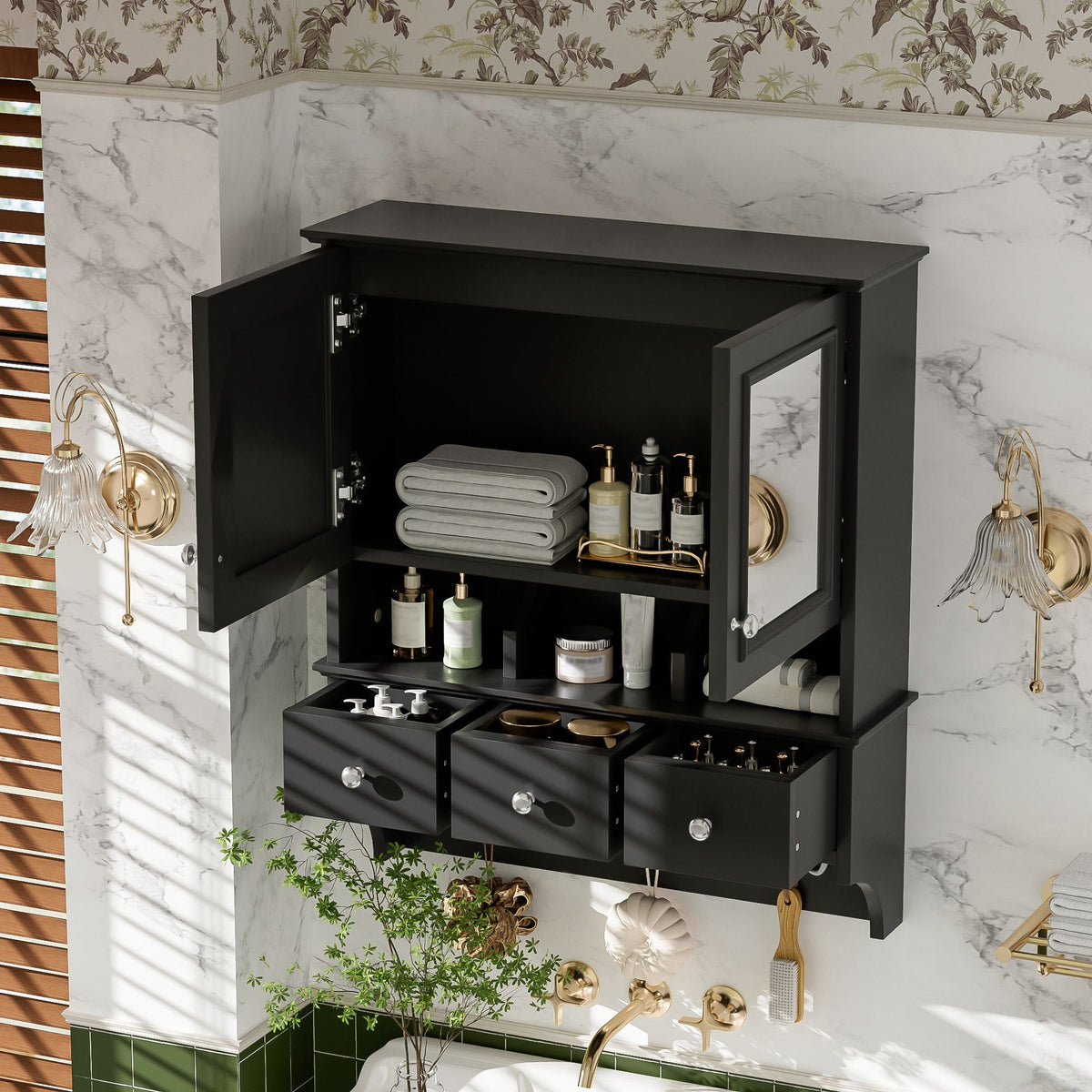 Modern Bathroom Mirror Cabinet With Drawers, Organizer Hooks, And High-Definition Mirrors, photo 9 of 29