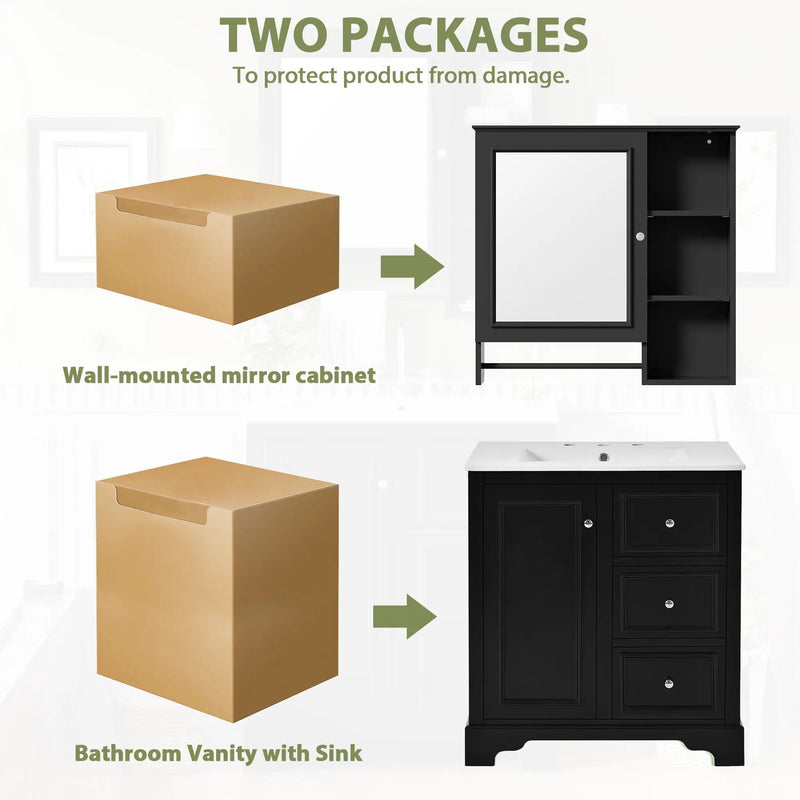 Bathroom Vanity With Sink, Modern Elegant Bathroom Storage Cabinet With 3 Drawers And Adjustable Shelves, Freestanding Vanity Set With Mirror Cabinet, Single Sink Bathroom Vanity by HouseOfZazla