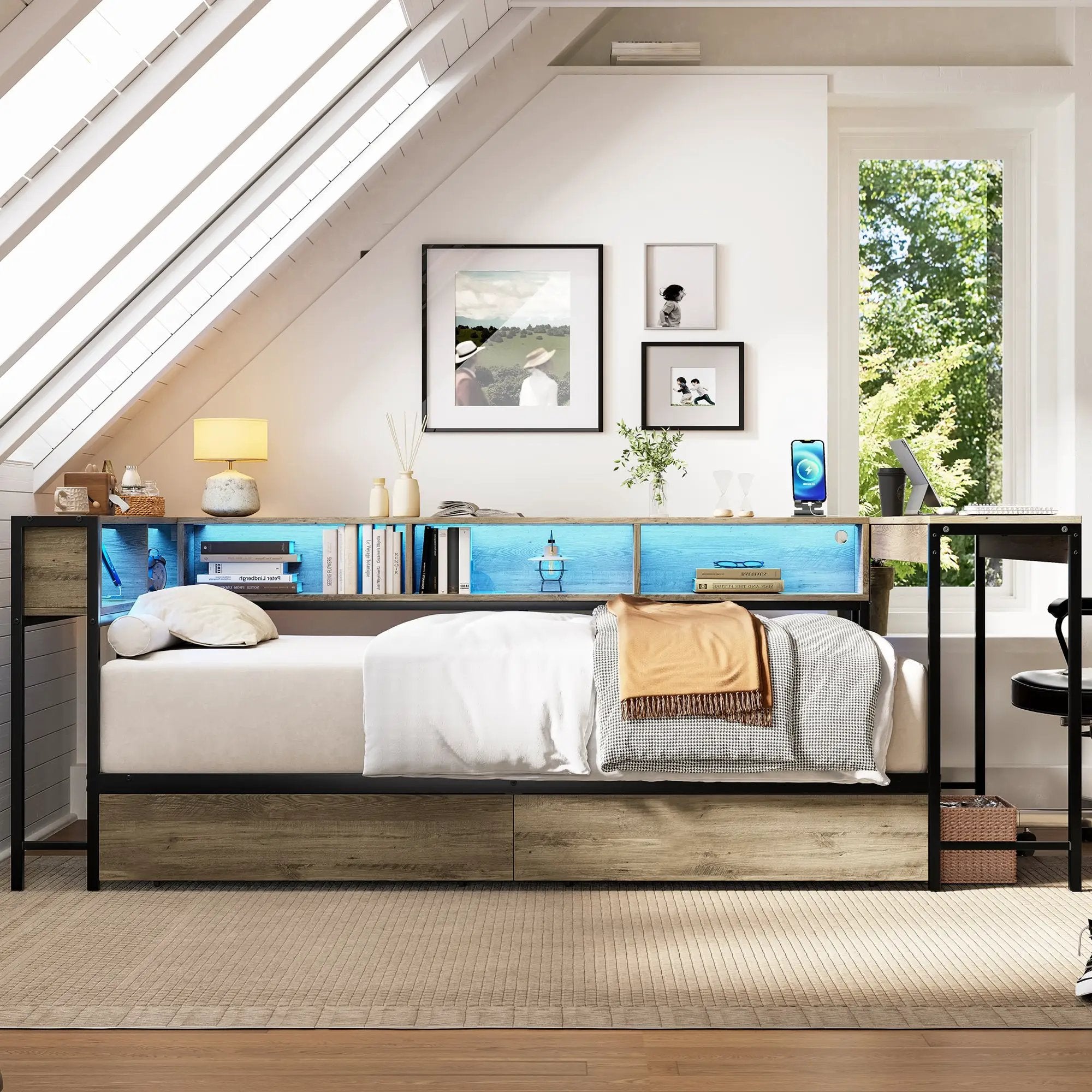 Corner Bed Frame Full Size with Bookcase and Storage Drawers by HouseOfZazla