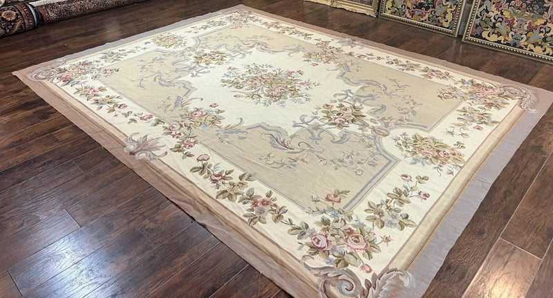 Aubusson Needlepoint Rug 9x12, VIntage Handmade Wool Beige Floral European Elegant Rug 9 x 12, Floral Roses by Jewel Rugs