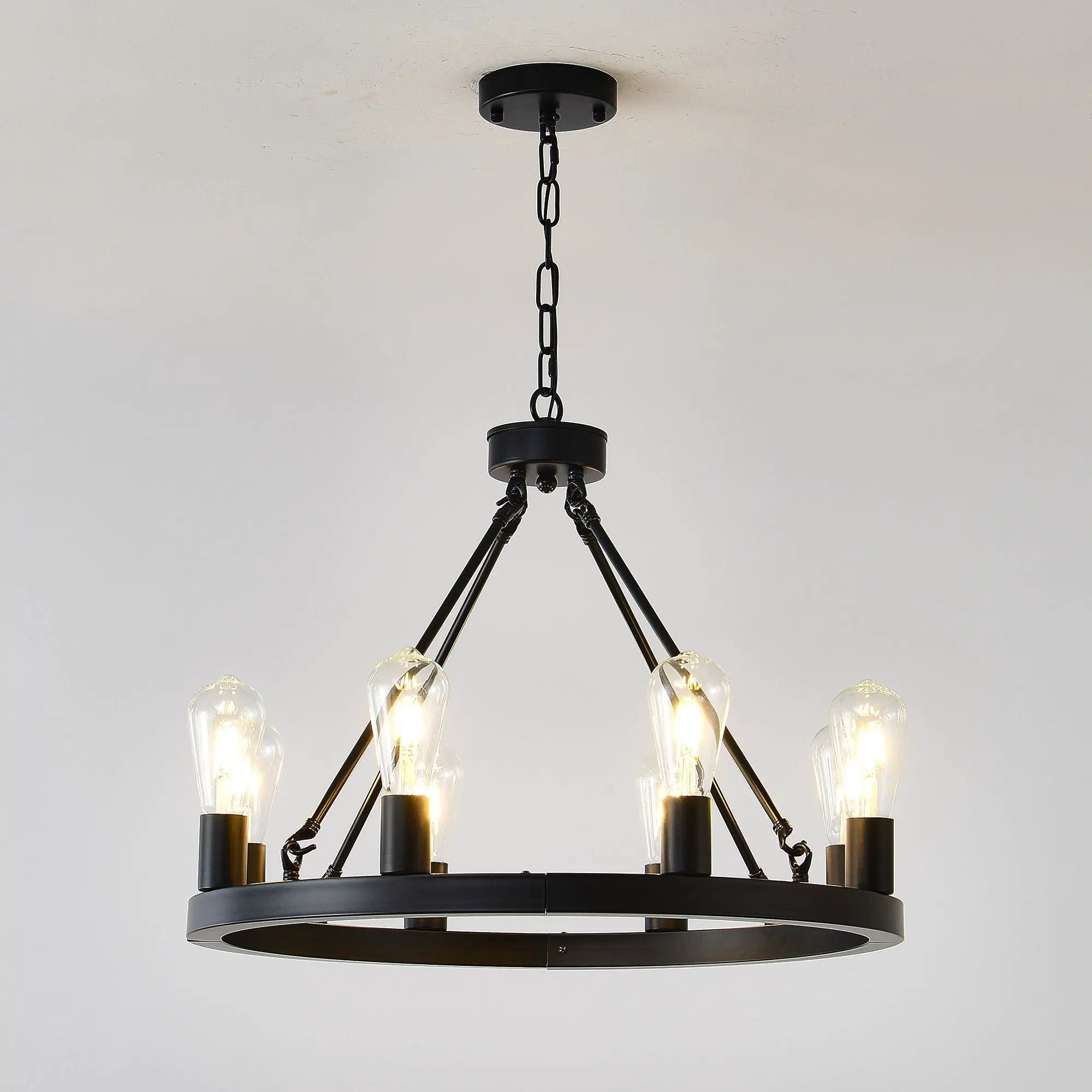 6 Light (No Bulbs) Wagon Wheel Chandelier Farmhouse Modern Small Round Chandelier For Living Room Kitchen Island Foyer Hallway Entryway Bedroom Dining Room Light Fixture Ceiling Hanging - Matte Black by HouseOfZazla
