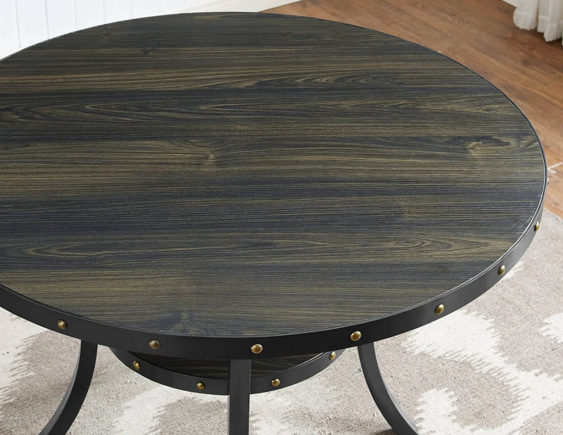 Biony Espresso Wood Dining Set with Gray Fabric Nailhead Chairs by HouseOfZazla
