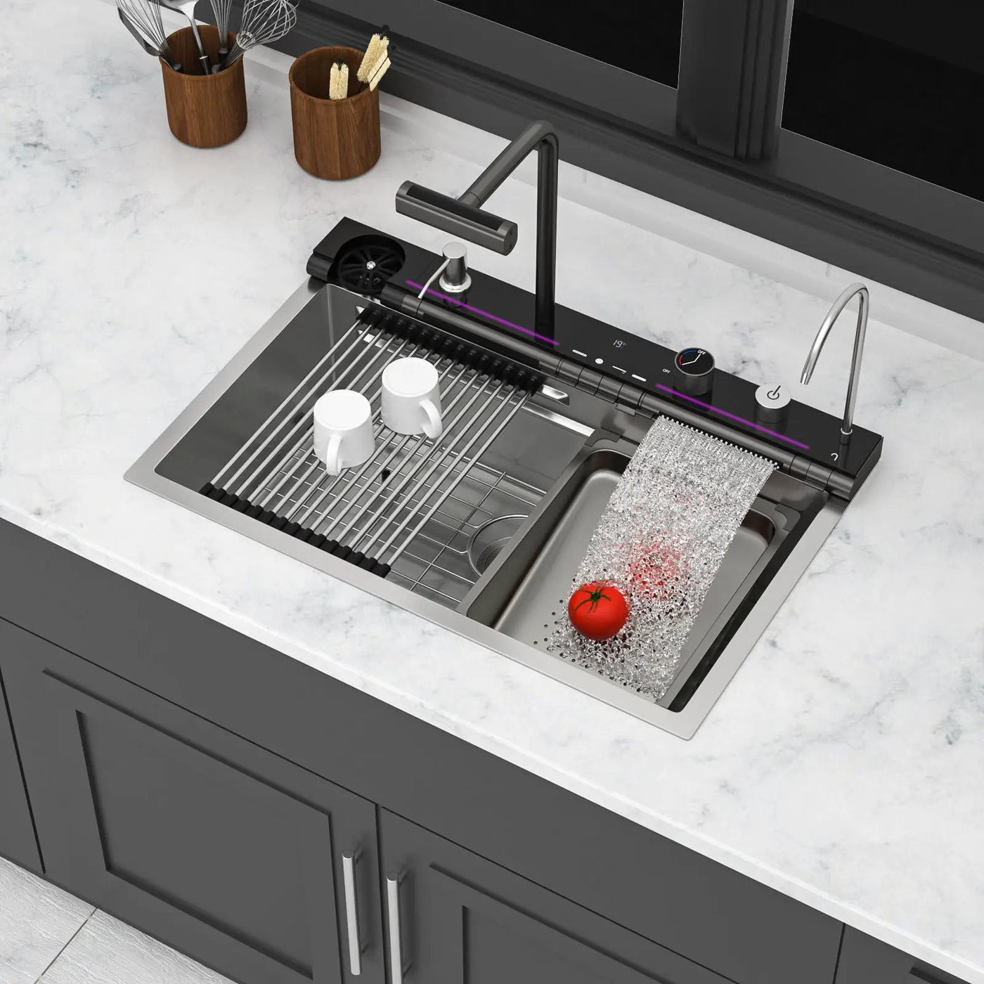 30" Single Bowl Kitchen Sink With Smart LED Faucet by HouseOfZazla
