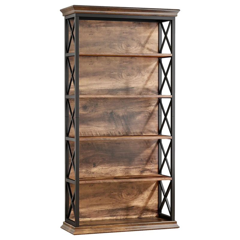 6 Tier Industrial Brown & Bookshelf With X Pattern Design - Rustic Brown by HouseOfZazla