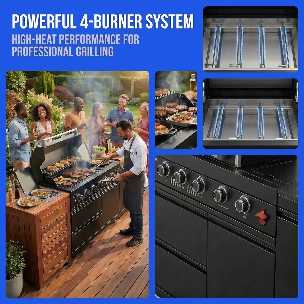 65" 4-Burner 72,000 BTU Black Outdoor Kitchen Island Grill +Side Burner + Marble Countertops by Chery Industrial