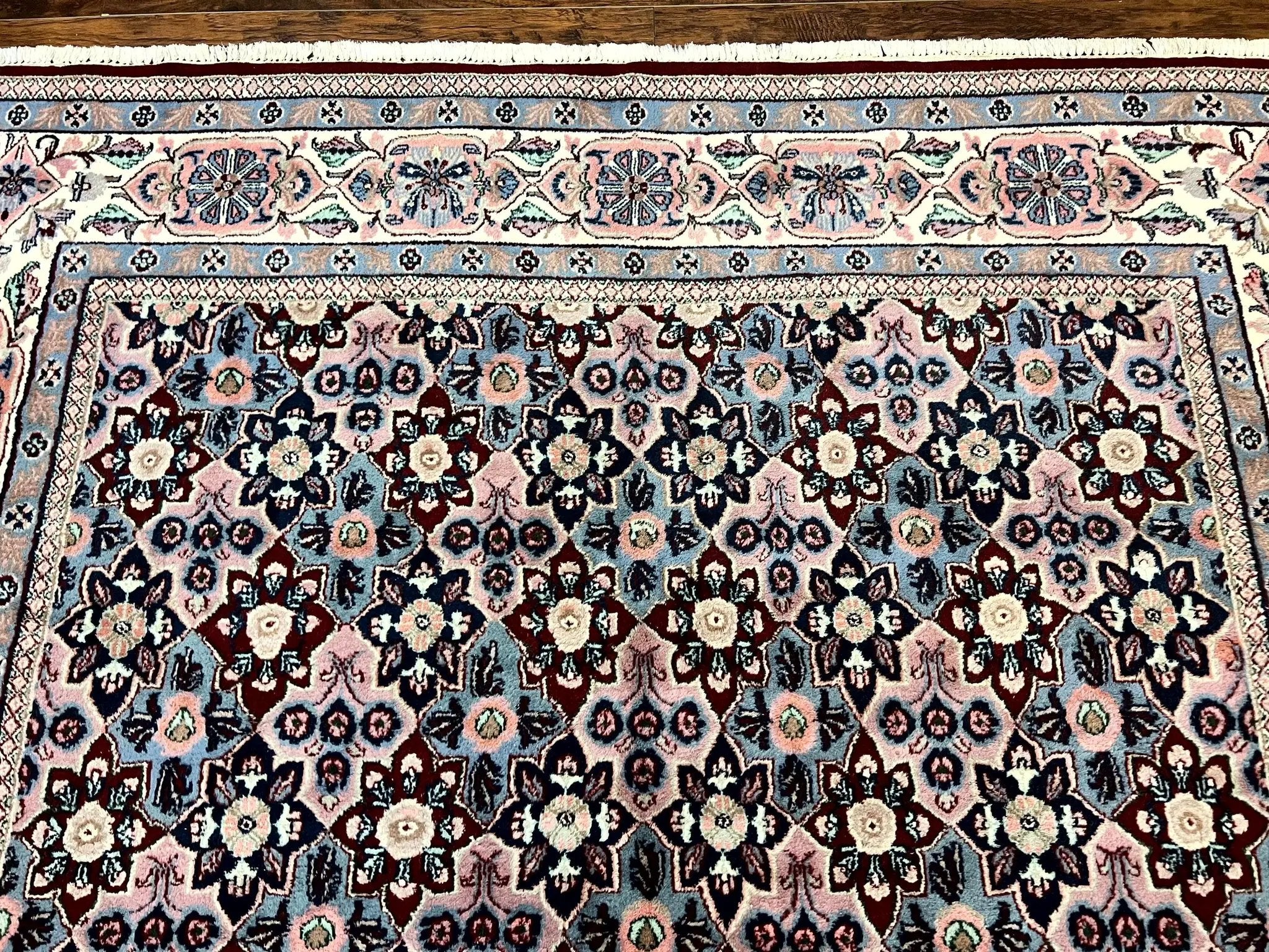 Indo Persian Rug 8x10, Repeated Allover Pattern, Navy Blue Ivory, Handmade Vintage Wool Carpet by Jewel Rugs
