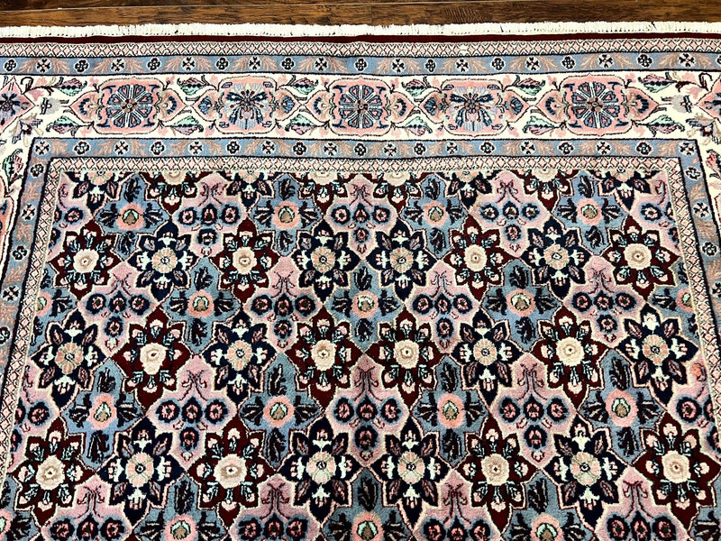 Indo Persian Rug 8x10, Repeated Allover Pattern, Navy Blue Ivory, Handmade Vintage Wool Carpet by Jewel Rugs