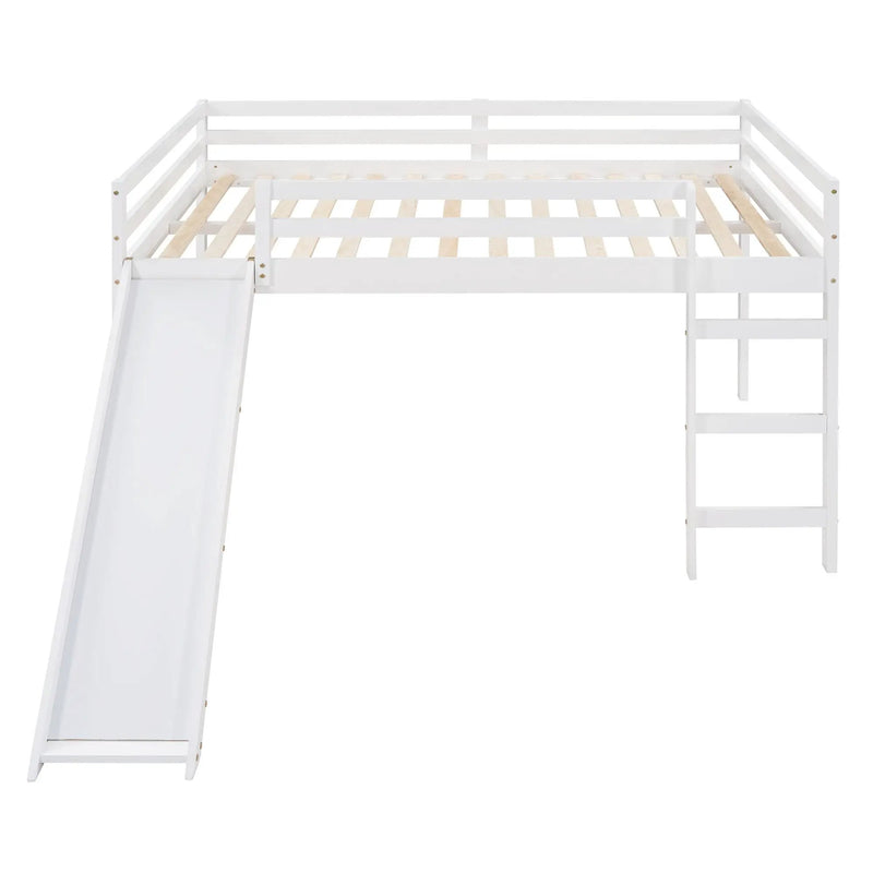 Full Loft Bed With Slide, Multifunctional Design - White