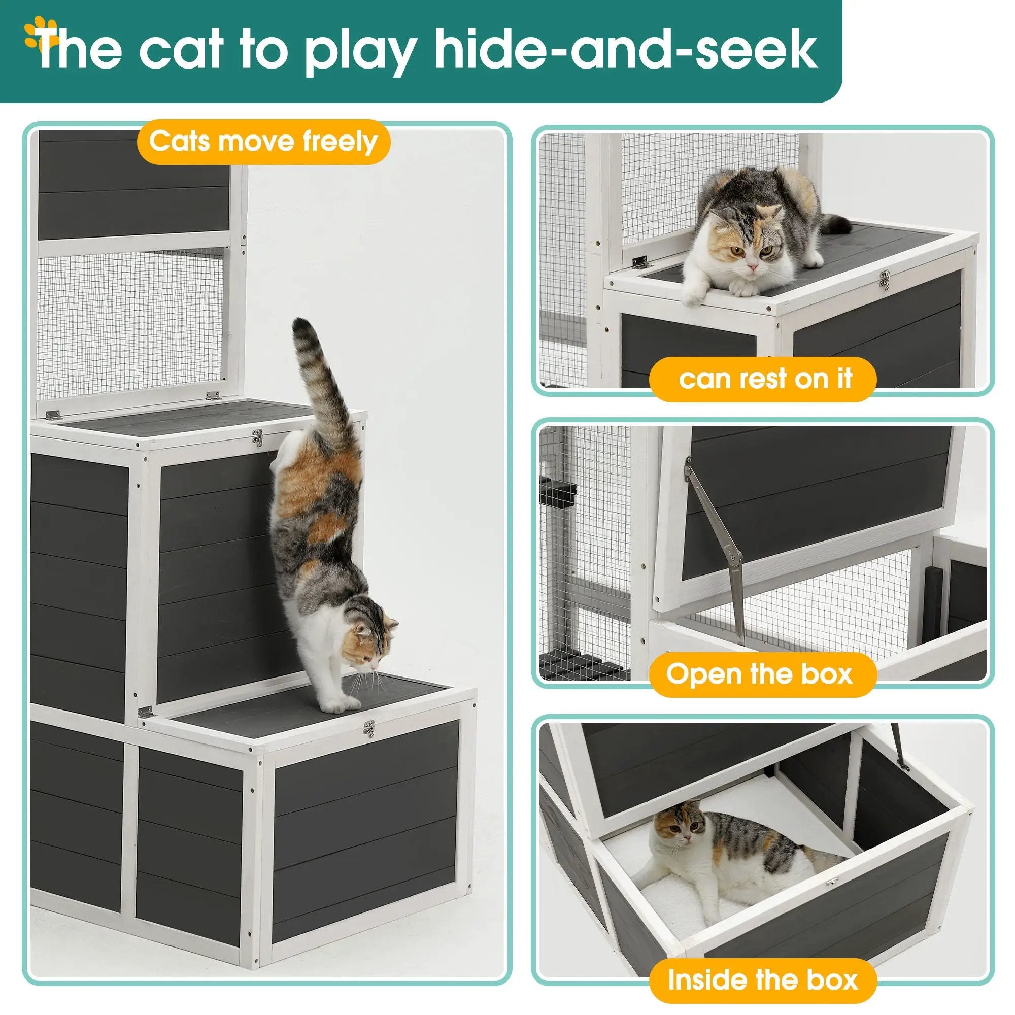 3 Tier Wooden Outdoor & Indoor Cat House Suitable For 1-3 Cats Cat Enclosure Resting Box With 4 Platforms And 2 Doors Cat Shelter Kitty House With A Jump Box For Hiding And Resting Cat Cage - Gray by HouseOfZazla