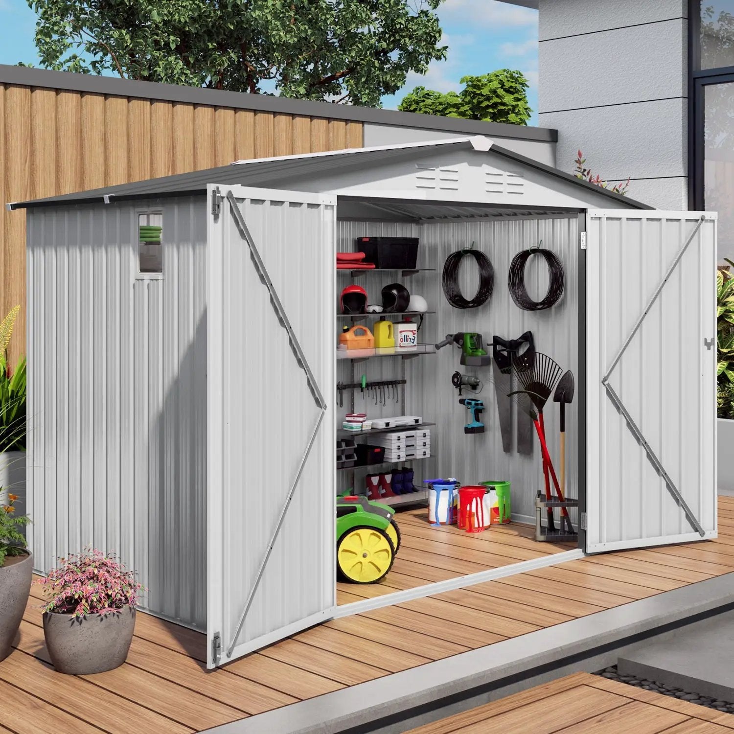 Outdoor Garden Storage Shed, Tool Shed With Pitched Roof Waterproof With 1 Window And 2 Lockable Door - White / Gray by HouseOfZazla