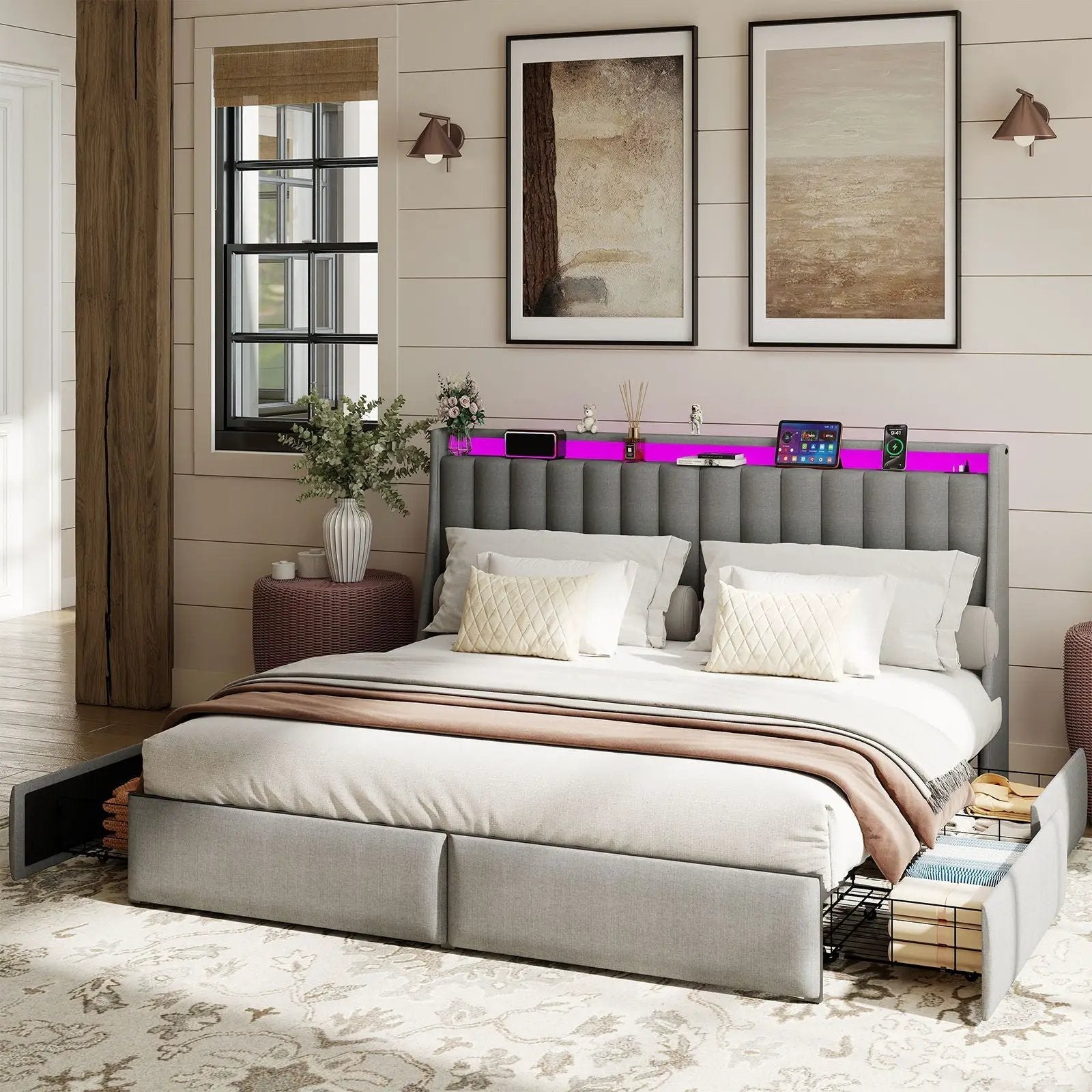 King Upholstered Bed Frame With 4 Storage Drawers, RGB LED Lights & USB / Type-C Charging Station by HouseOfZazla