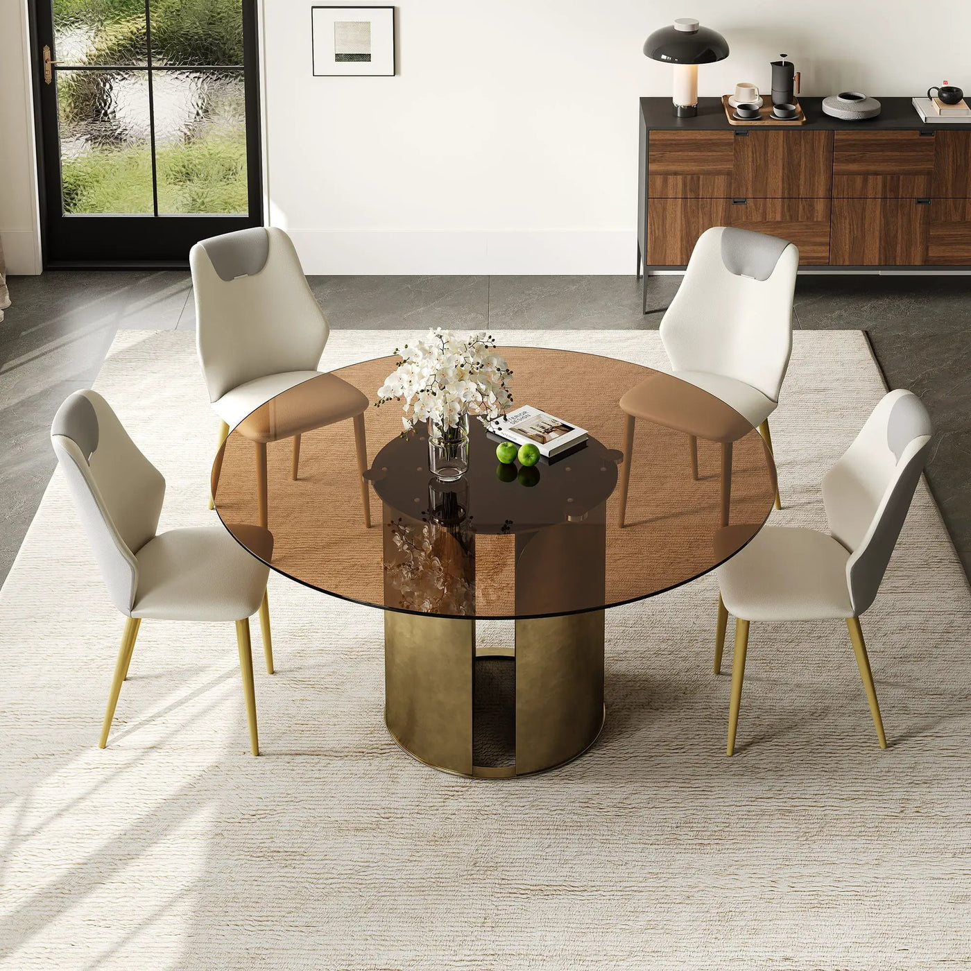 Modern Round Dining Table Set With Glass Top And Steel Legs by HouseOfZazla