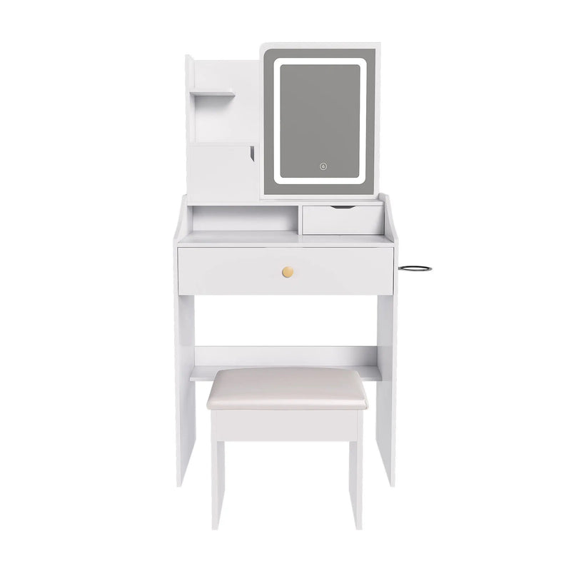 LED Vanity Mirror With Stool, 2 Drawers & 5 Storage Cabinets, Adjustable Lighting Mdf Dressing Table For Bedroom - White by Unique Piece Furniture