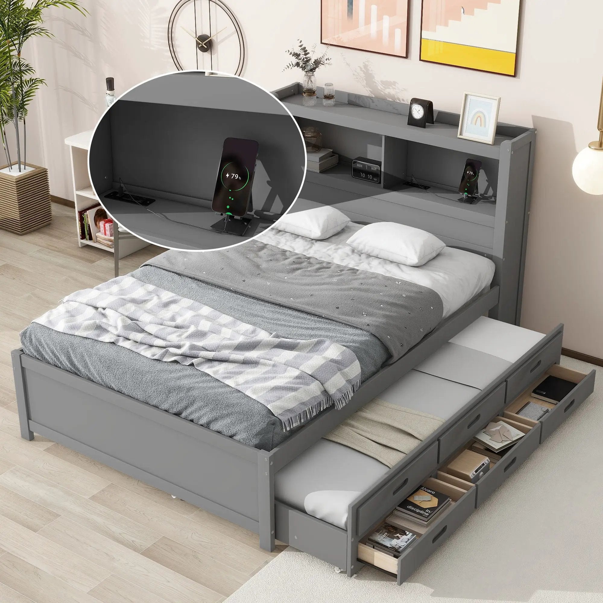 Full Size Platform Bed With Trundle, Drawers, USB Ports And Built In Shelves - Gray by Unique Piece Furniture