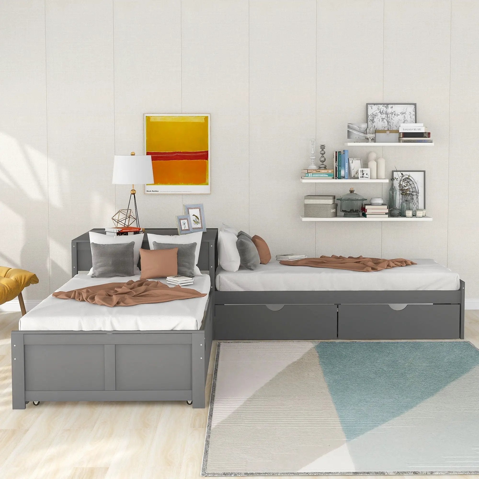 L Shaped Platform Bed With Trundle And Drawers Linked With Built In Desk by Unique Piece Furniture