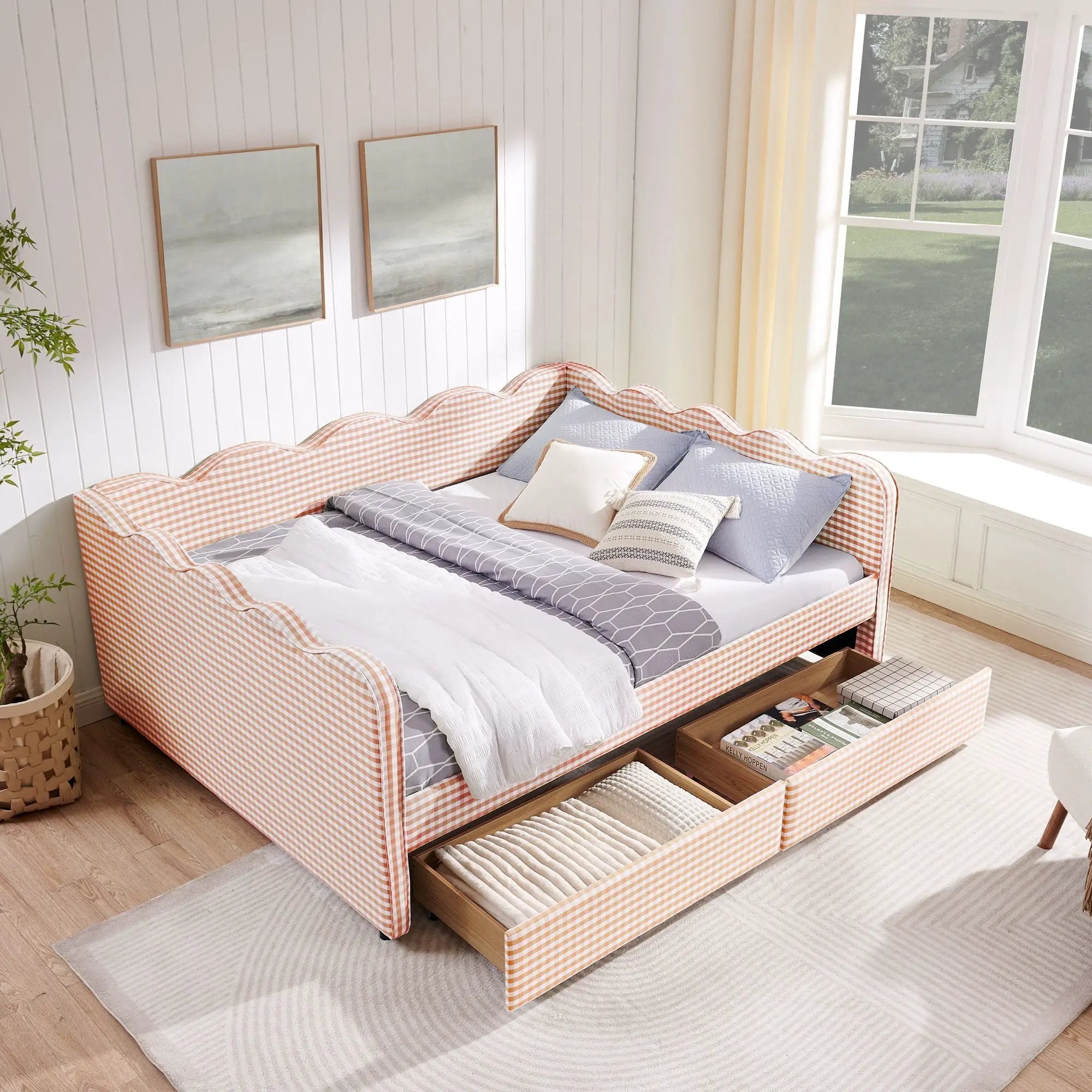 Gingham Daybed With USB Charging Port, Wave-Shaped Design by Unique Piece Furniture