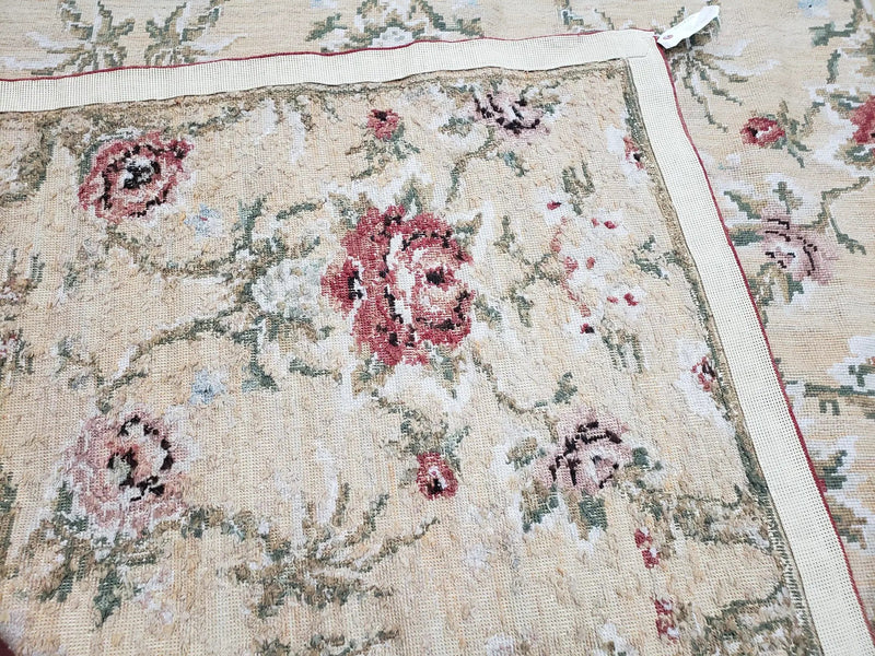Needlepoint Rug 10x14 Wool Flatweave Carpet, English Floral Pattern, Pale Yellow, Roses, Allover Pattern, Handmade Large Needlepoint Nice by Jewel Rugs
