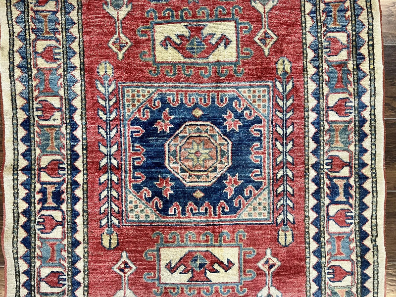 Turkish Kazak Rug 3x4, Wool Hand Knotted Small Vintage Carpet, Red Navy Blue, 3 x 4 Oriental Rug, Geometric Design by Jewel Rugs