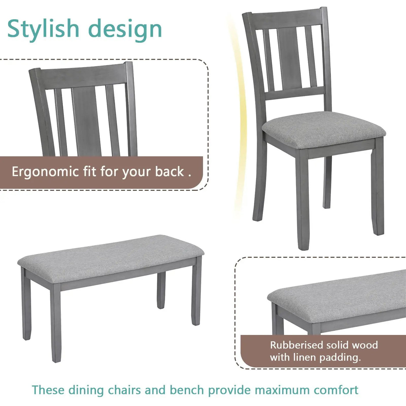 6 Pieces Kitchen Dining Set, Rectangular Wooden Dining Table With 4 Upholstered Chairs And A Bench by HouseOfZazla