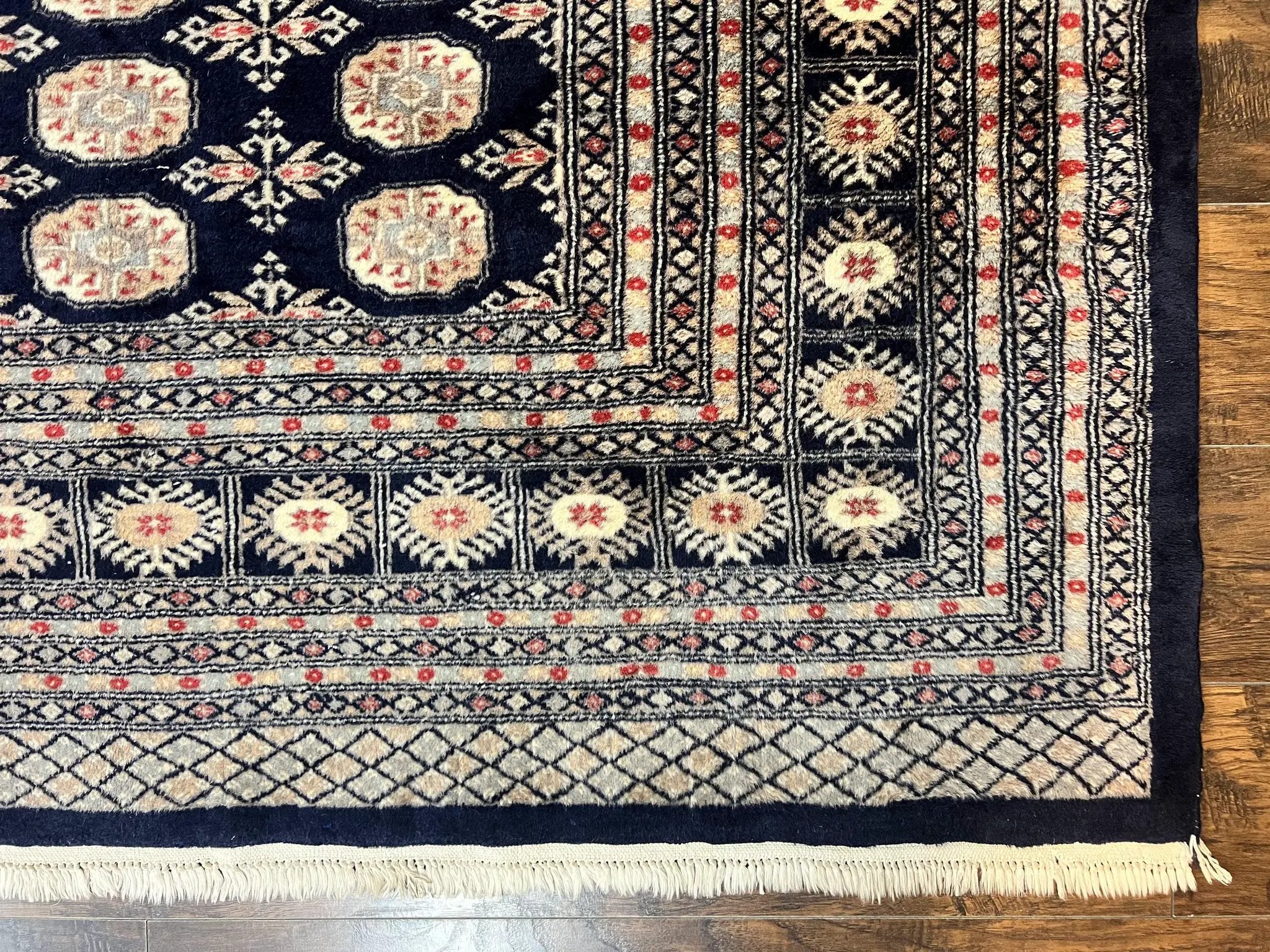 Pakistani Bokhara Rug 8x10, Turkoman Carpet, Dark Blue and Beige, Vintage Handmade Wool Carpet by Jewel Rugs