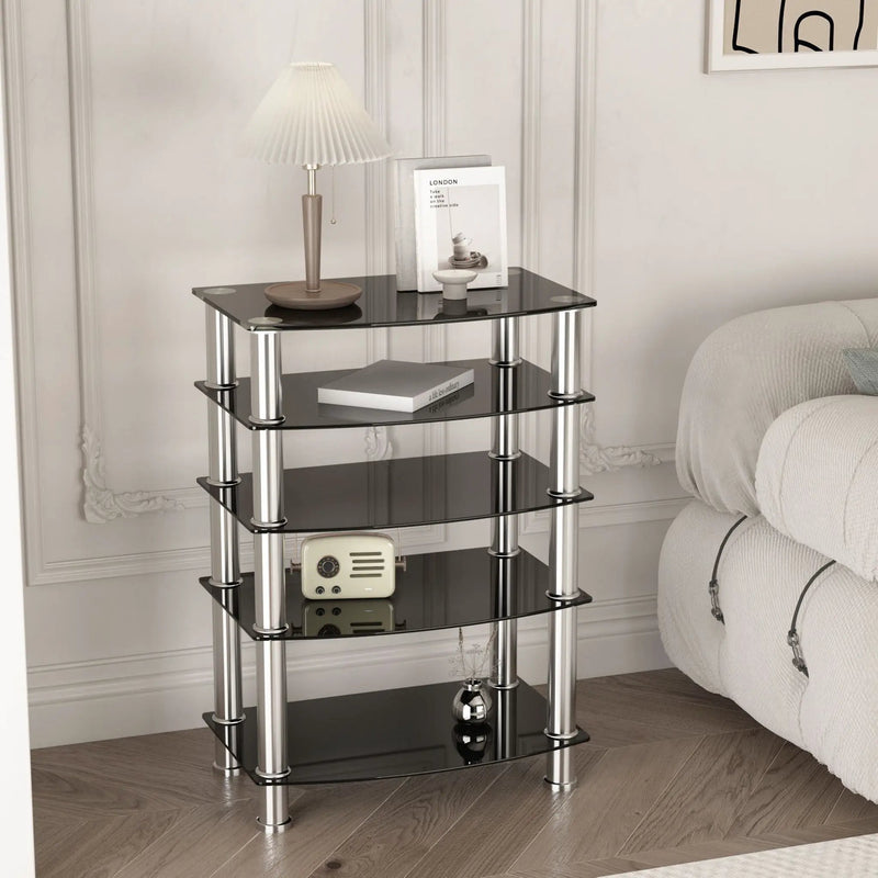 5 Tier Tempered Glass Side Table, Stainless Steel Frame End Table For Living Room, Bedroom - Black by Unique Piece Furniture