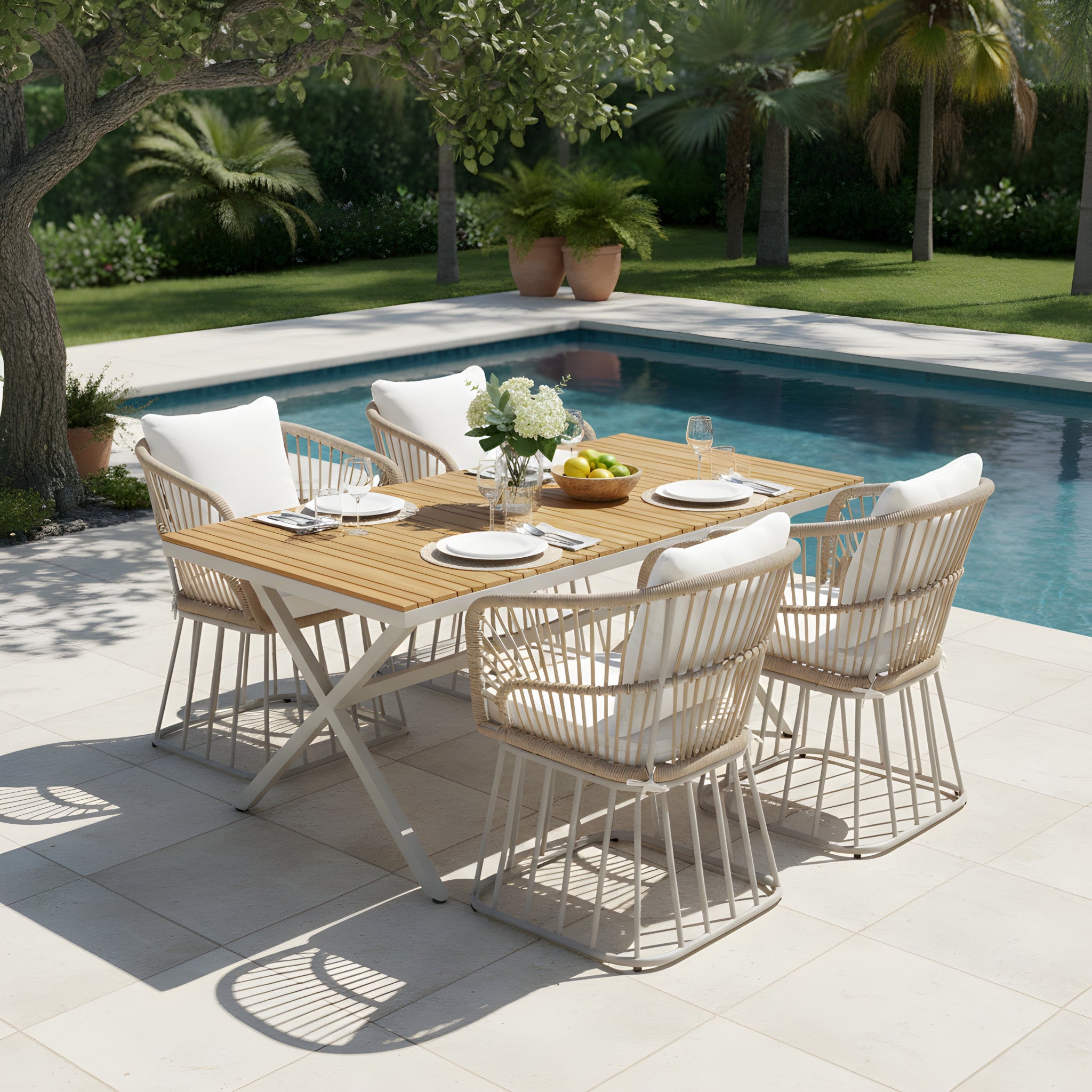 Outdoor 5-Piece Dining Set - Rectangular Teak Wood Table + 4 Wicker Chairs with Cushions by HouseOfZazla