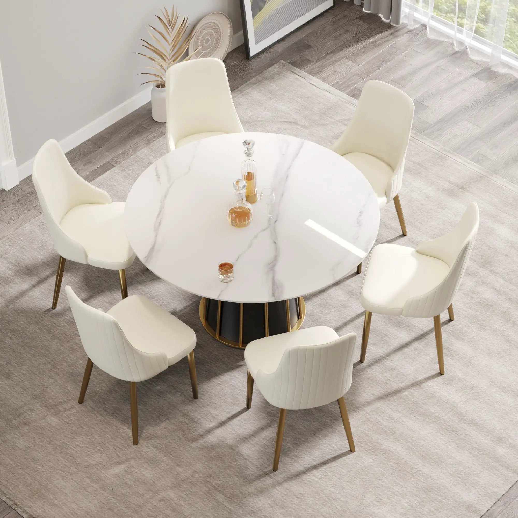 53.15" Modern Artificial Stone Round Panel Metal Iron Base Dining Table, Can Accommodate 6 People, (Not Including Chairs) - White / Black by HouseOfZazla