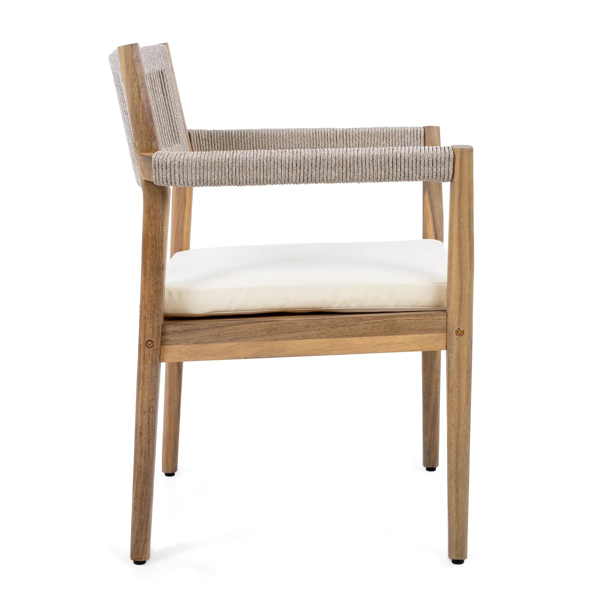 Braided Acacia Wood Outdoor Dining Chairs Set of 4 – Teak Look with Beige Rope & Cream Cushions by HouseOfZazla