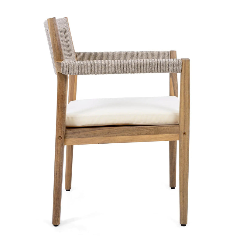 Braided Acacia Wood Outdoor Dining Chairs Set of 4 – Teak Look with Beige Rope & Cream Cushions by HouseOfZazla