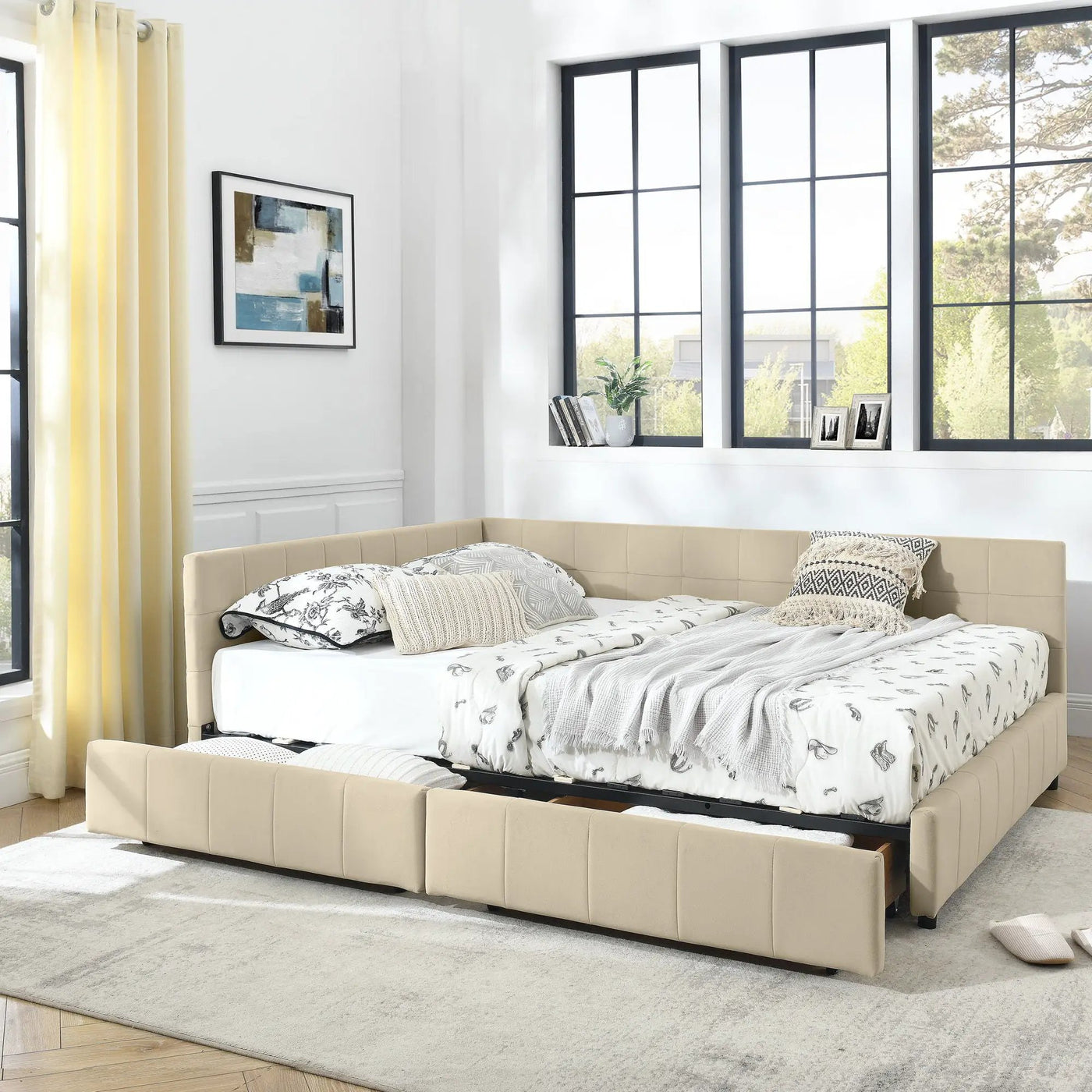 Mid-Century Storage Upholstered Tufted Bed Frame With Backrest And Armrests by HouseOfZazla
