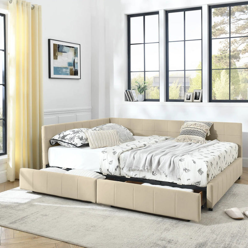 Mid-Century Storage Upholstered Tufted Bed Frame With Backrest And Armrests by HouseOfZazla