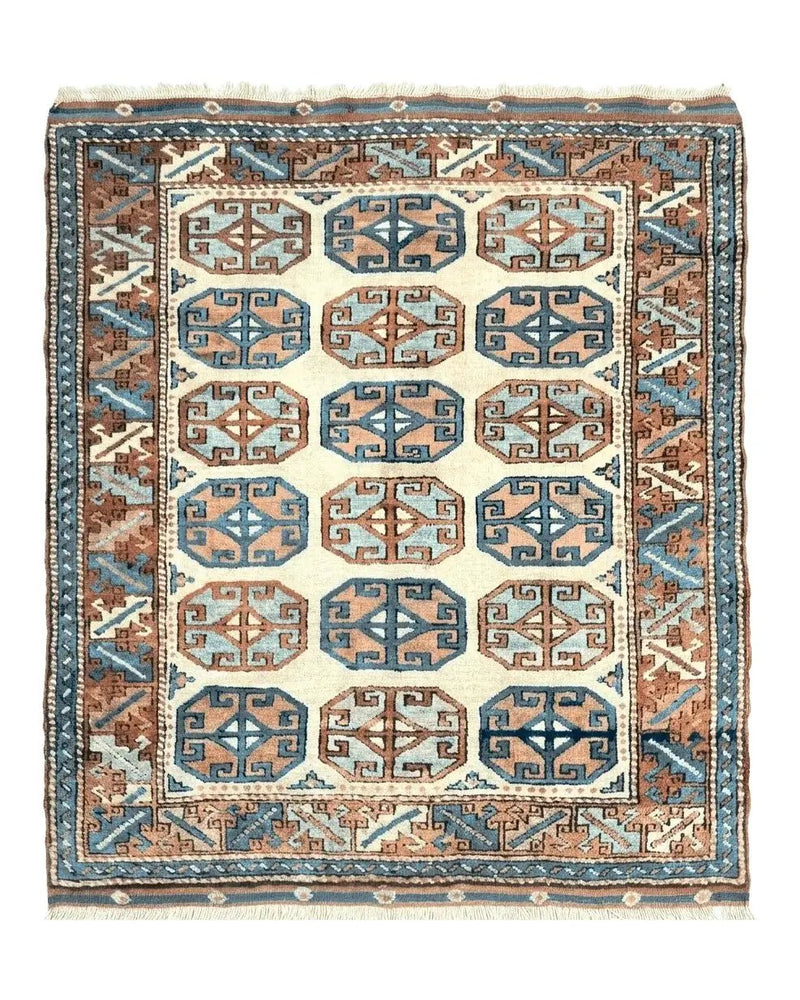 Turkish Kazak Rug 3x4, Wool Hand Knotted Handmade Vintage Carpet, Geometric Tribal Repeated Motif, Small 3 x 4 Antique Rug, Cream Red by Jewel Rugs