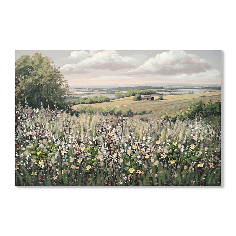 Framed Canvas Wall Art Vintage Landscape with 3D Floral Accents – Green/Ivory