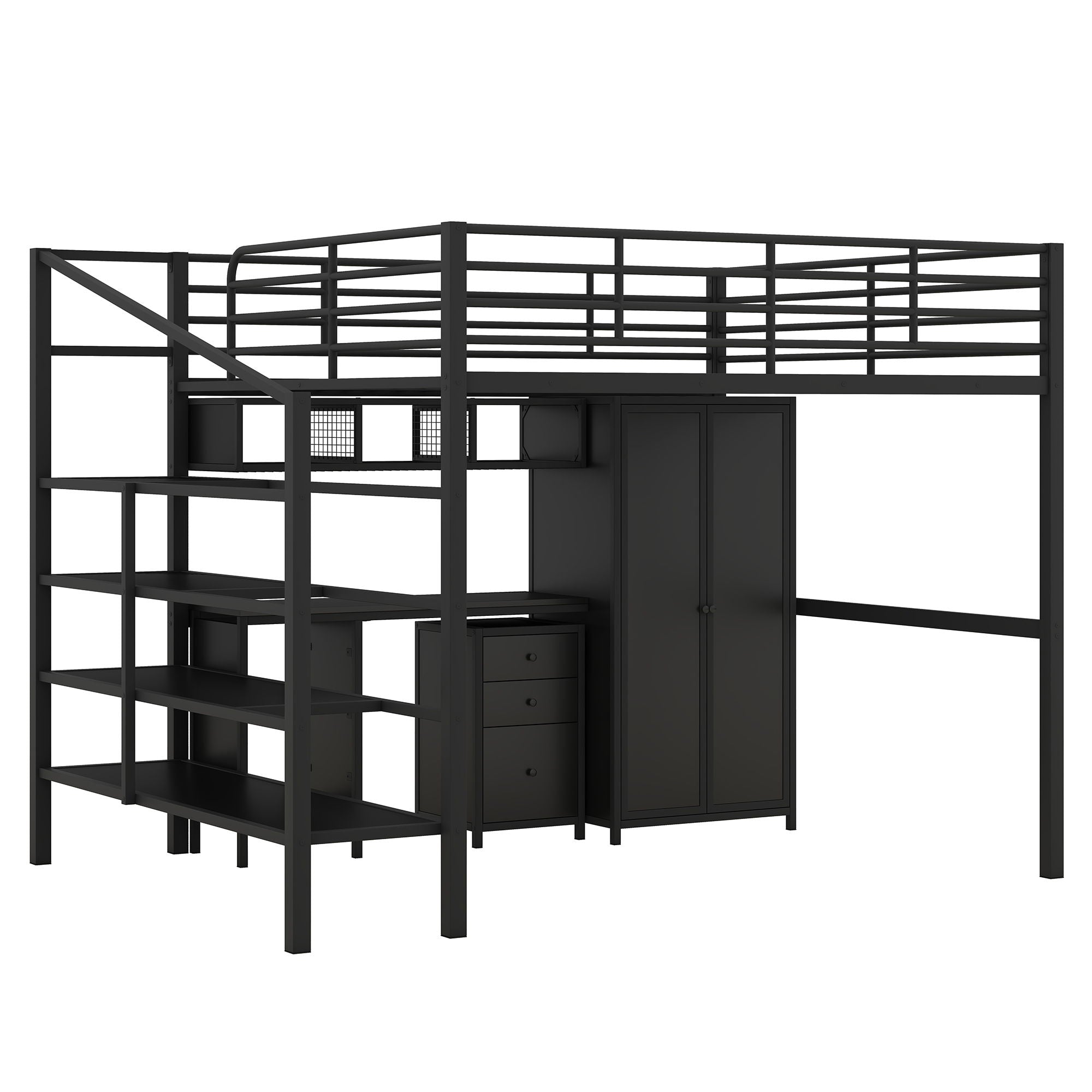 Full Size Loft Bed With Desk Set And Wardrobe - Black by HouseOfZazla