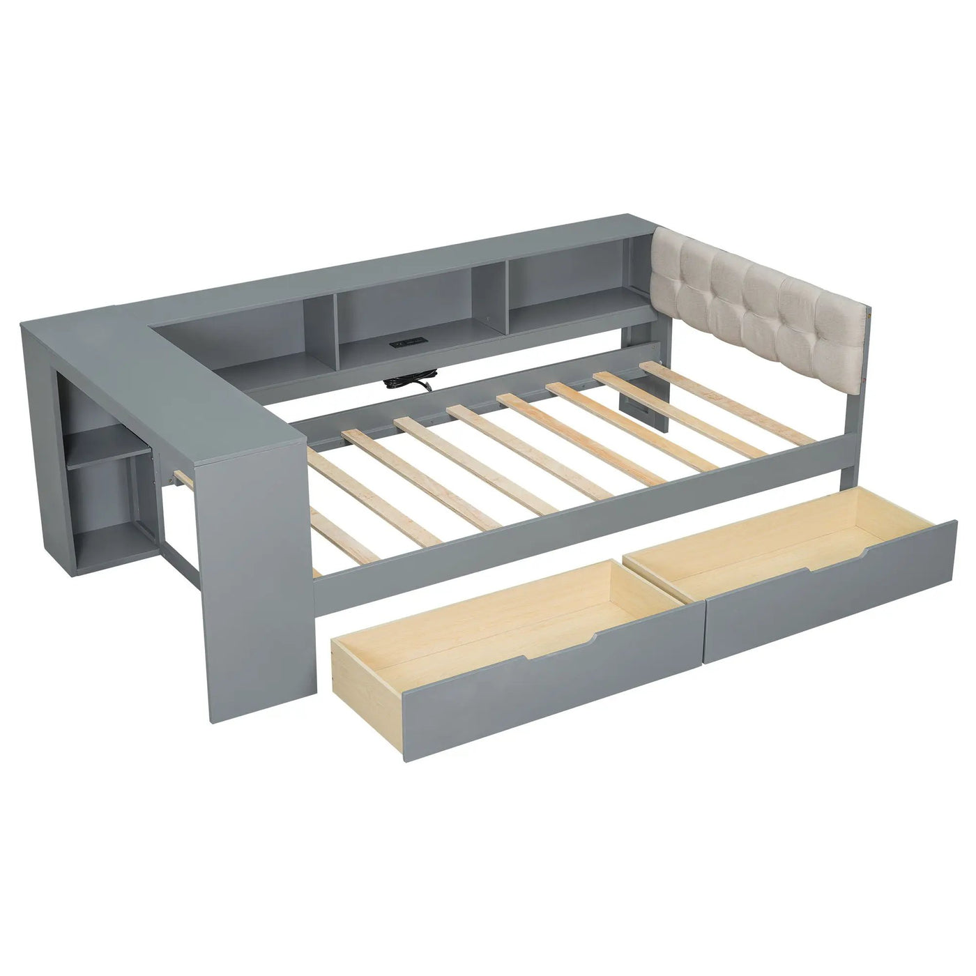 Upholstered Headboard Platform Bed With Storage Shelves, Drawers, Charging Station by HouseOfZazla