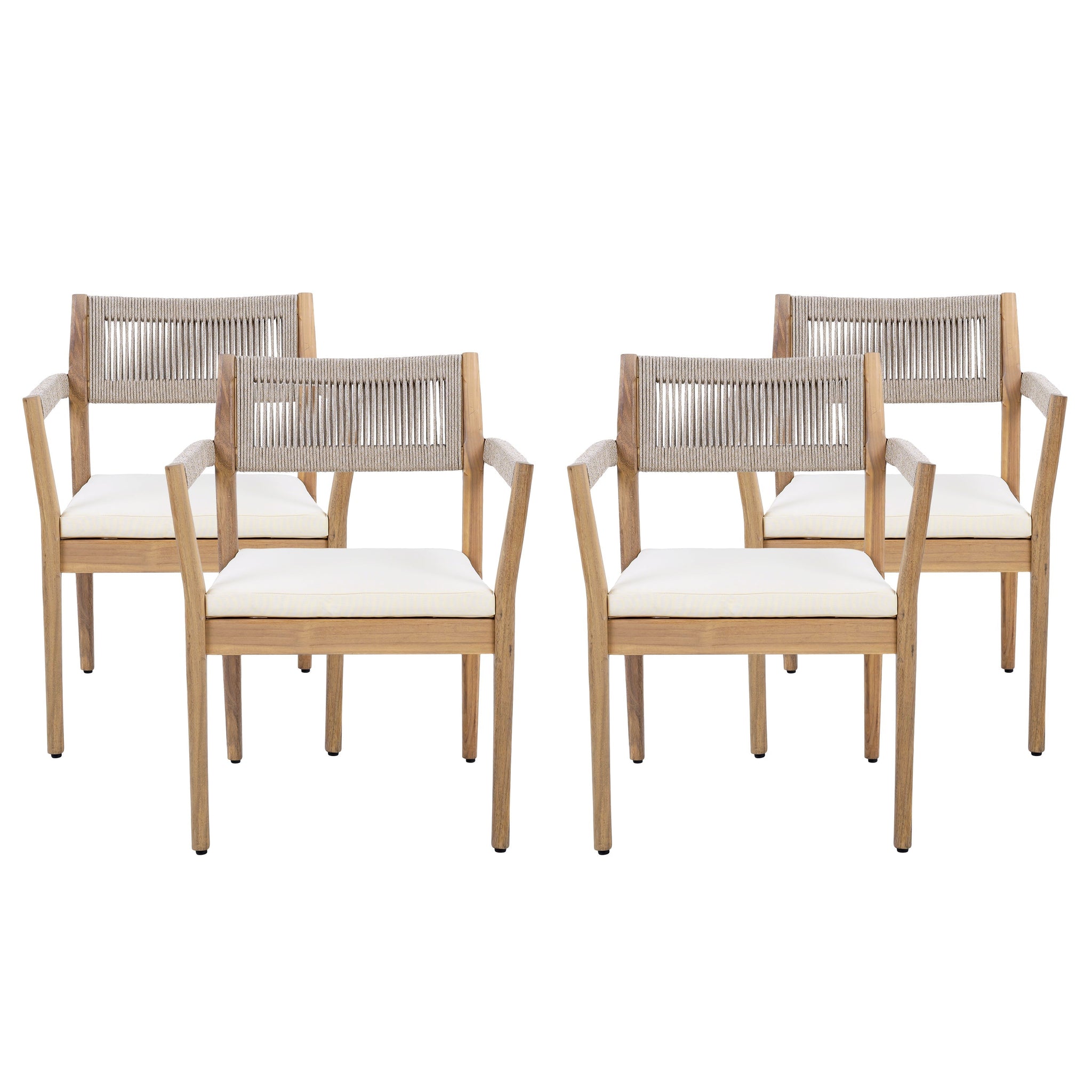 Braided Acacia Wood Outdoor Dining Chairs Set of 4 – Teak Look with Beige Rope & Cream Cushions by HouseOfZazla