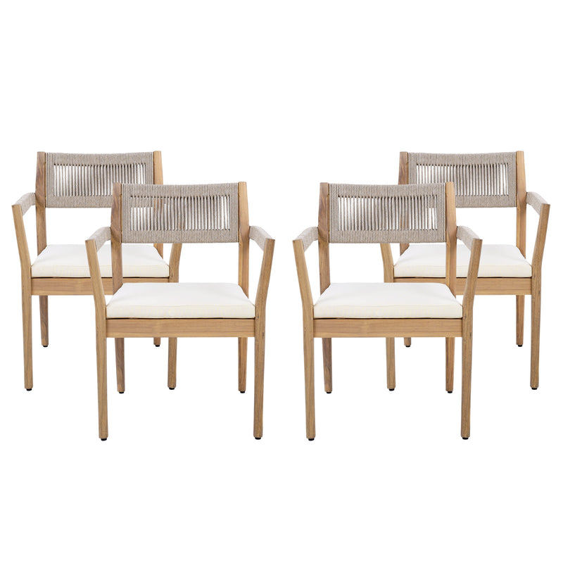 Braided Acacia Wood Outdoor Dining Chairs Set of 4 – Teak Look with Beige Rope & Cream Cushions by HouseOfZazla
