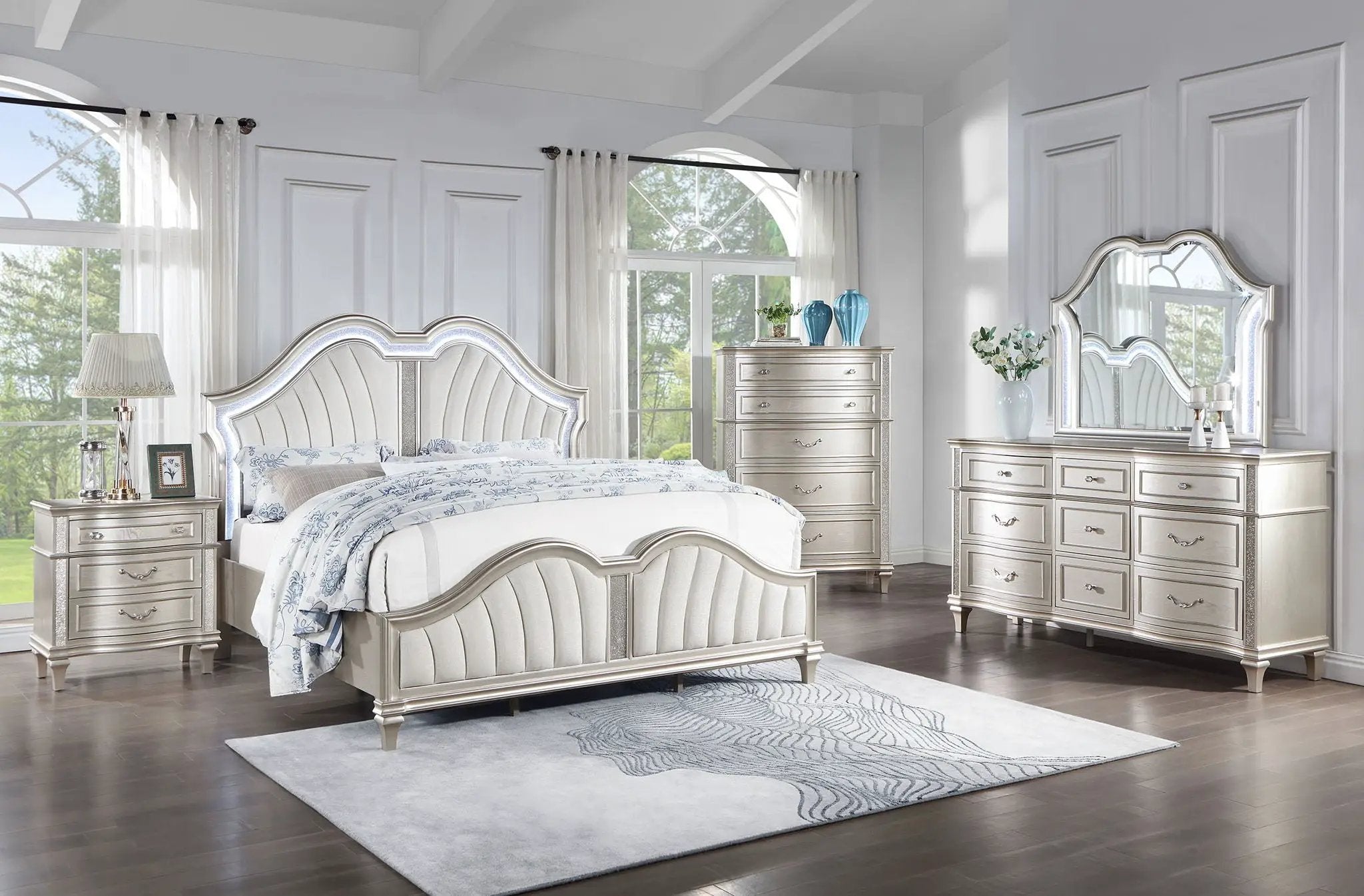 Evangeline Wood Queen LED Panel Bed Silver Oak by Unique Piece Furniture