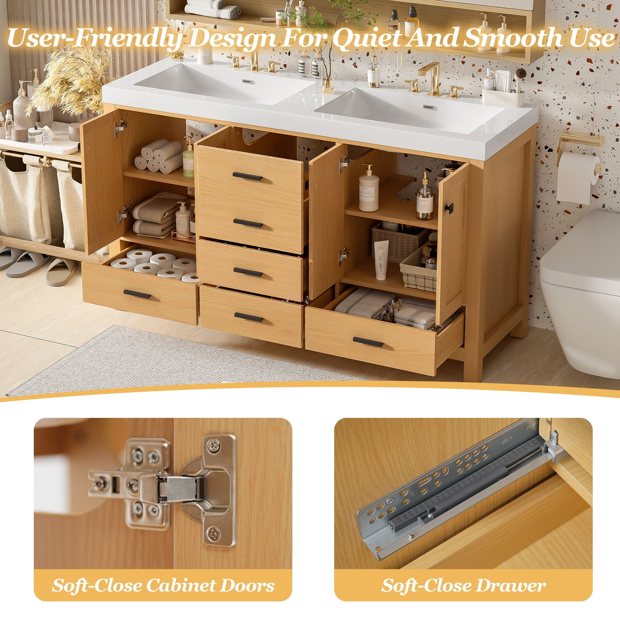 Bathroom Vanity With Double Sink, Soft Close Doors & Drawers Handles - Wood by HouseOfZazla