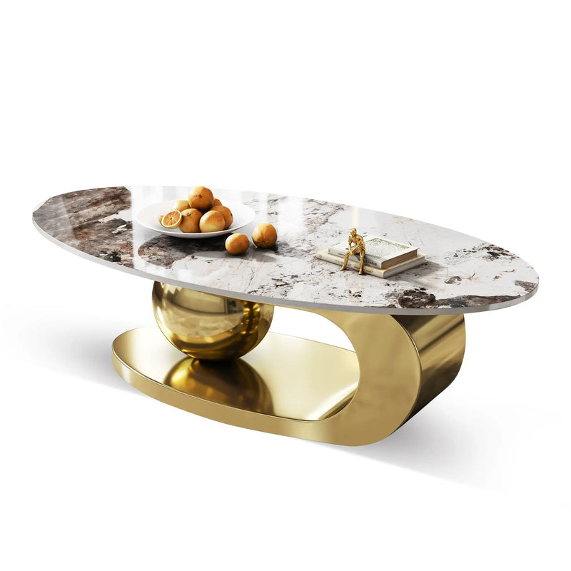 49.2 Inches Oval Faux Marble Coffee Table for Living Room with Stainless Steel Base by HouseOfZazla