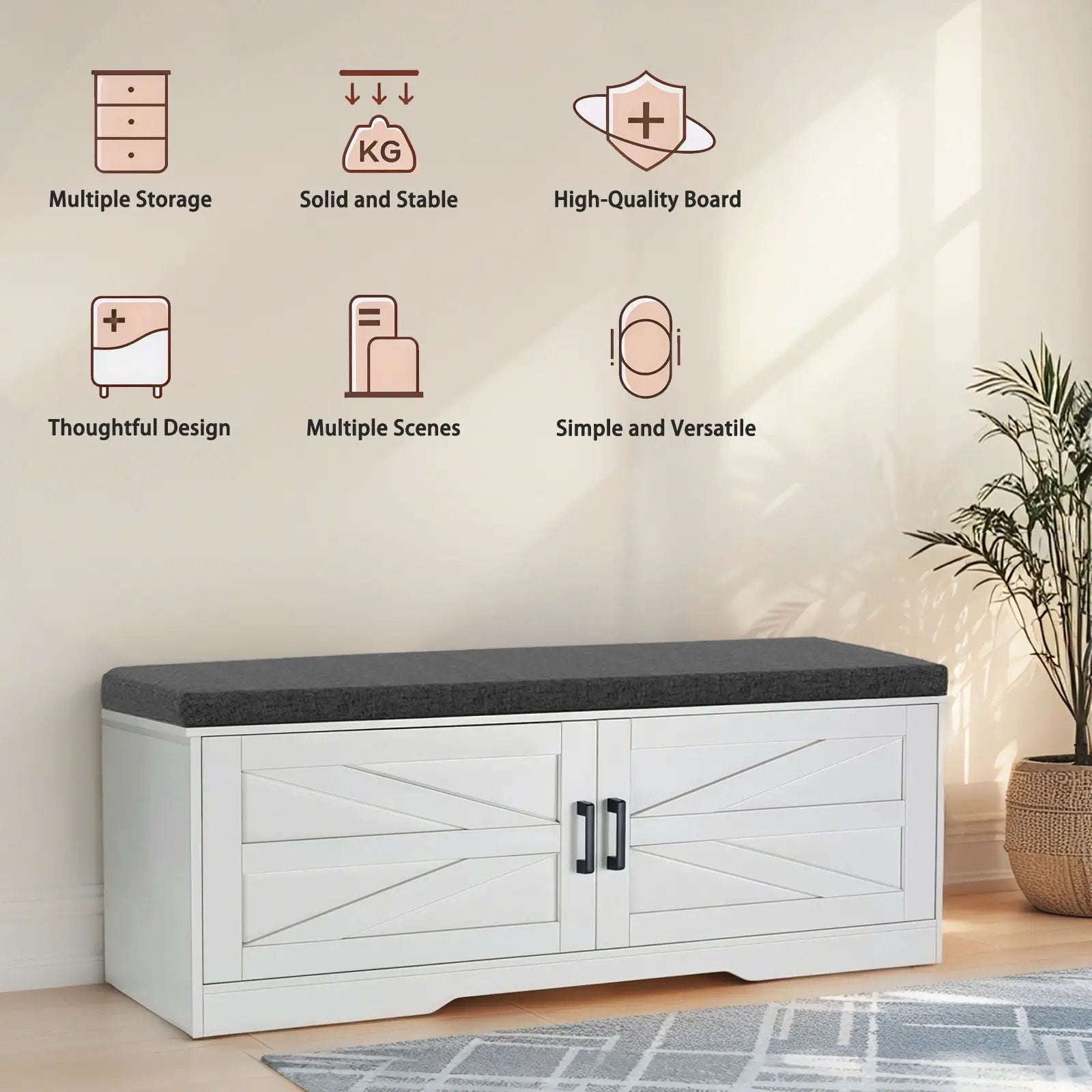 2 Tier Shoe Bench With Padded Seat, 2 Barn Doors And Adjustable Shelves, For Entryway And Living Room - White by Unique Piece Furniture