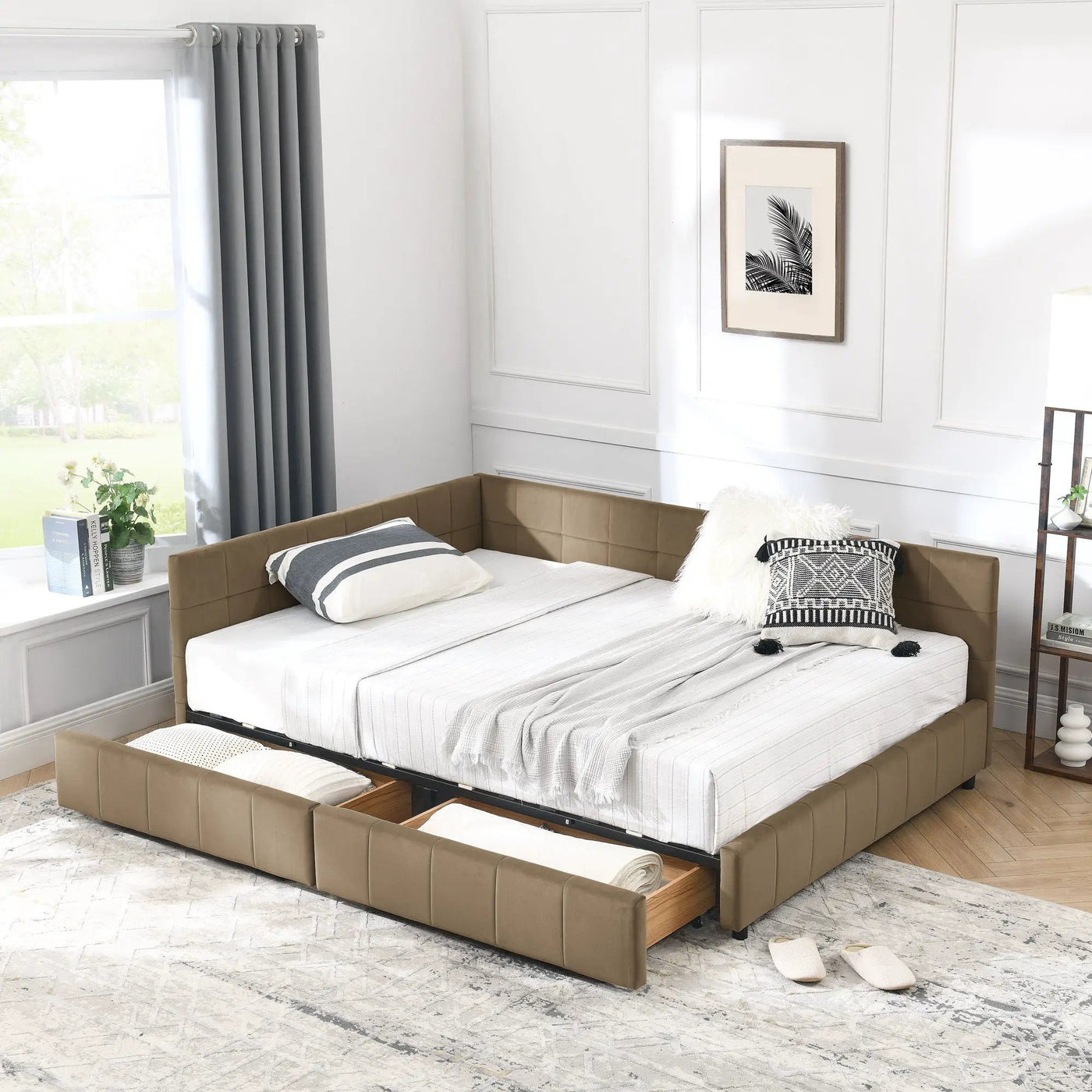 Mid-Century Storage Upholstered Tufted Bed Frame With Backrest And Armrests by HouseOfZazla