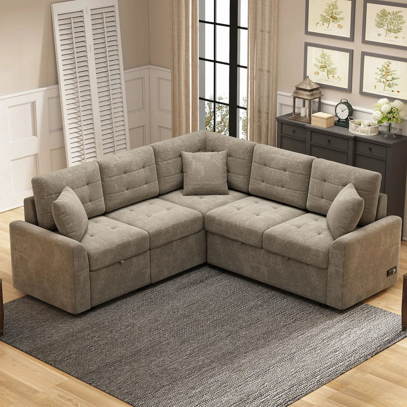 L-Shape Sofa Bed Pull-Out Sleeper Sofa With Wheels, USB Ports, Power Sockets For Living Room by Unique Piece Furniture