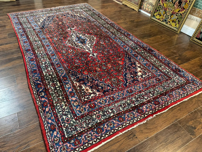 Persian Tribal Rug 6x11, Red Blue Ivory, Antique Persian Carpet, Hamadan Dargazin Carpet by Jewel Rugs